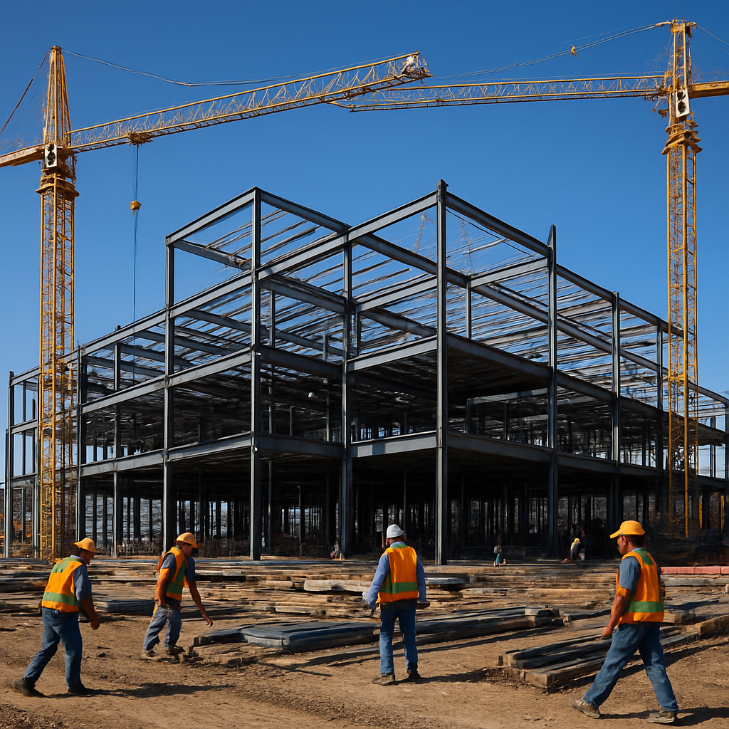 Commercial construction site with cranes and steel framework